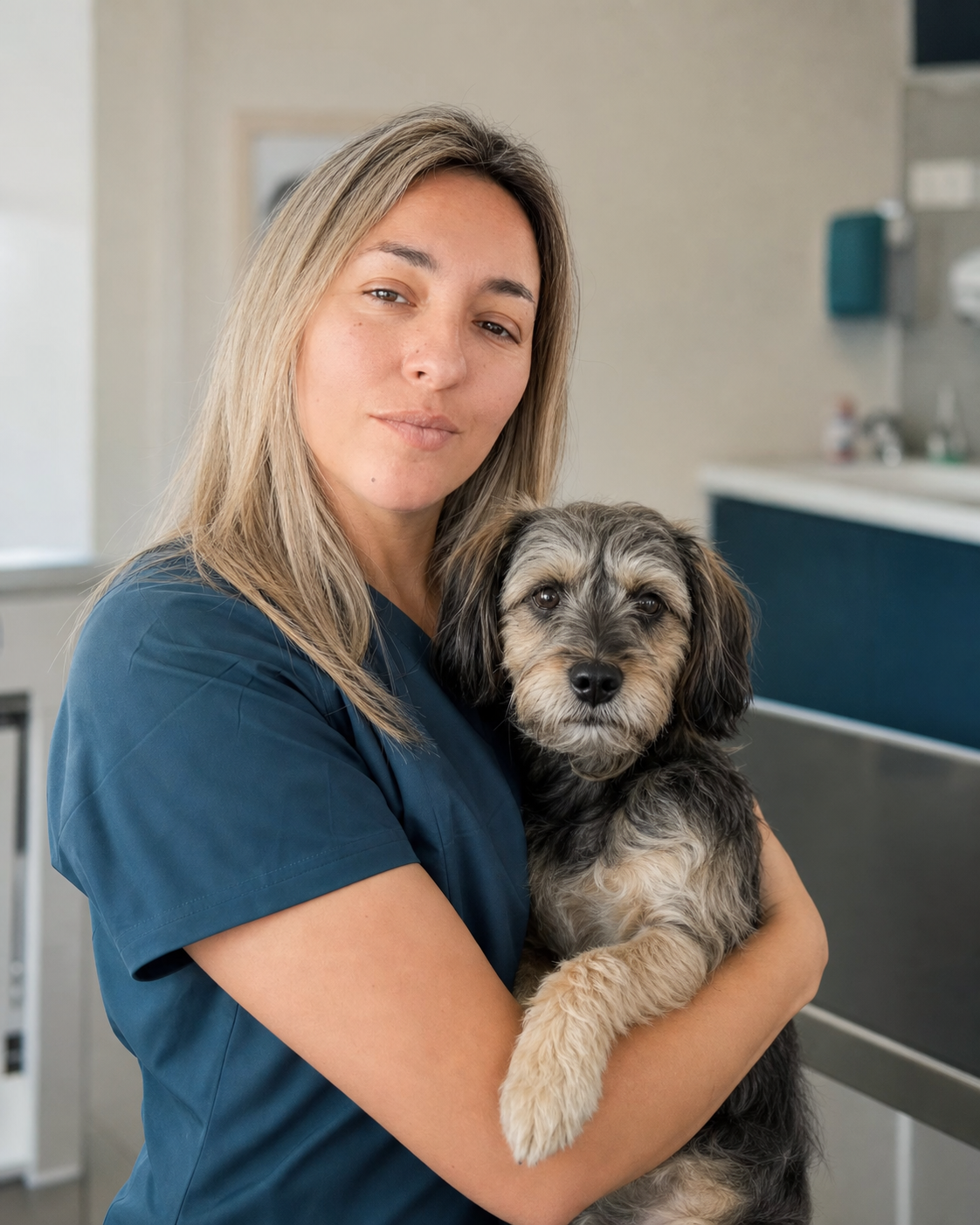 Dra. Catarina Gaio com um cão na clínica veterinária